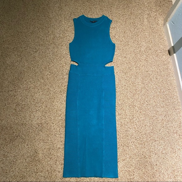 Guess cutout bodycon rib sleeveless dress size XS teal blue cocktail club - Picture 3 of 16